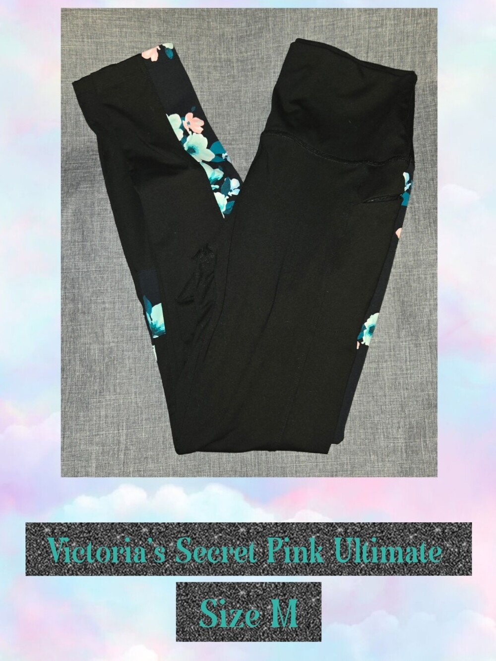 PINK Victoria's Secret Black Leggings with Teal & Pink Floral Trim